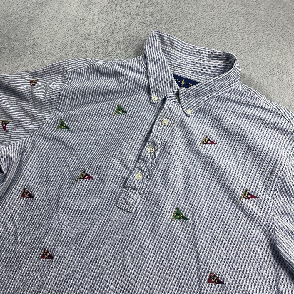 Polo Ralph Lauren Men XL Shirt All Over Print Flags Embroidered Logo Oxford Knit